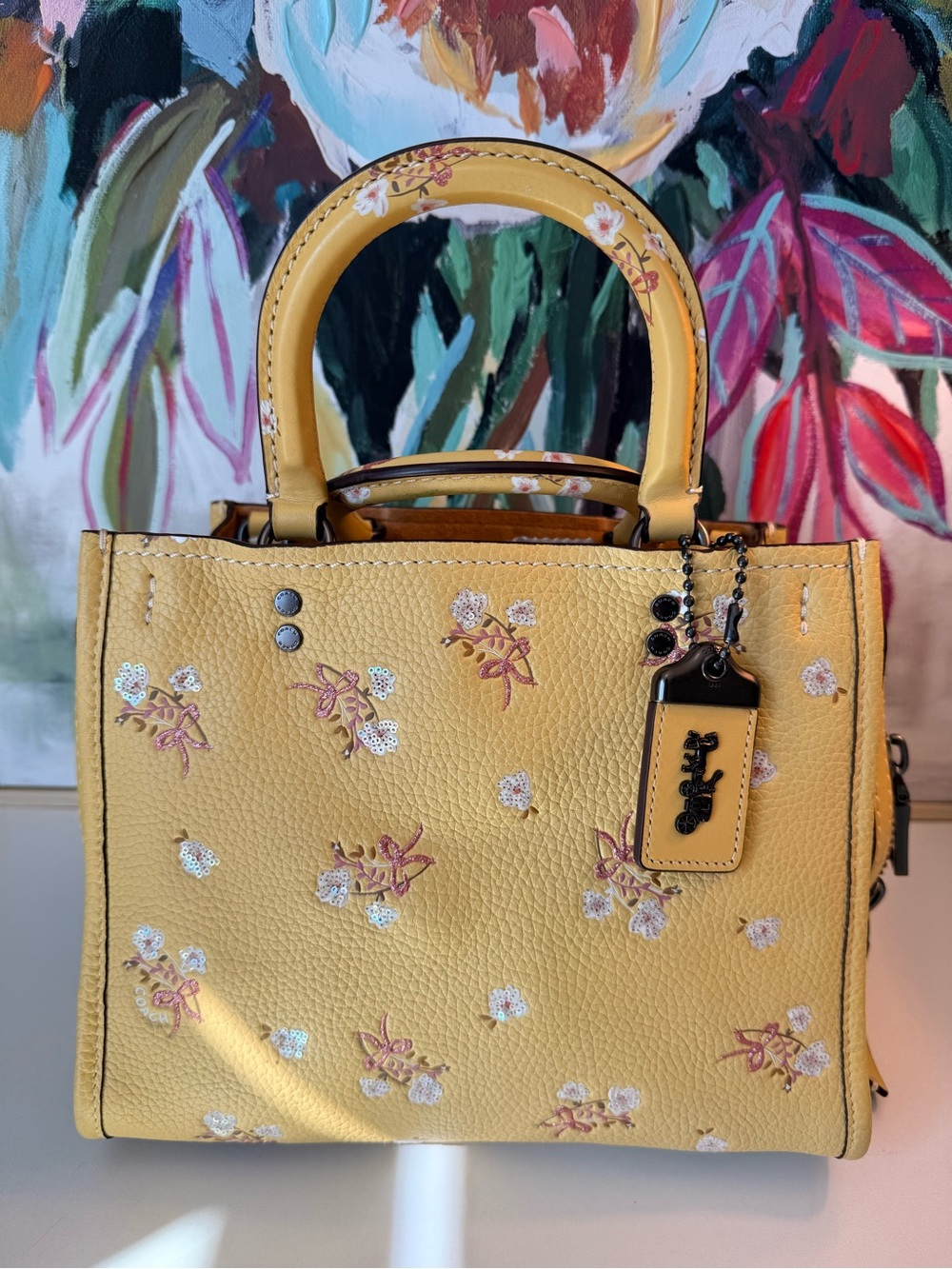 Preowned Rare Coach 1941 Rogue 25 with Sequins Floral Bow Print Yellow - Picture 2 of 15